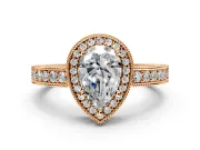 Milgrain Halo Engagement Ring Setting for Pear-Shaped Center with Wide Pave Band and Prong Head in Rose Gold