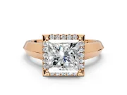 Halo Engagement Ring Setting for Princess Cut Center with Knife Ridge Cathedral Band and Prong Head in Rose Gold