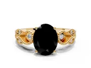Leaf Engagement Ring Setting for Fancy Black Oval Center with Milgrain Accent Band and Prong Head in Yellow Gold