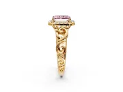 Halo Engagement Ring Setting for Fancy Pink Radiant Cut Center with Open Scroll Shoulders and Prong Head in Yellow Gold