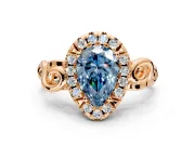 Halo Engagement Ring Setting for Fancy Blue Pear-Shaped Center with Open Scroll Shoulders and Prong Head in Rose Gold