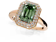 Halo Engagement Ring Setting for Fancy Green Emerald Cut Center with Plain Tapered Band and Prong Head in Rose Gold