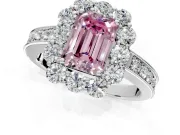 Halo Engagement Ring Setting for Fancy Pink Emerald Cut Center with Milgrain Channel Band and Prong Head in White Gold