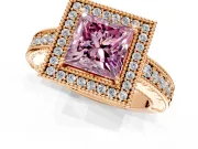 Milgrain Halo Engagement Ring Setting for Fancy Pink Princess Cut Center with Pave Band and Prong Head in Rose Gold
