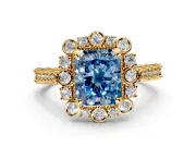 Milgrain Halo Engagement Ring Setting for Fancy Blue Radiant Cut Center with Bezel Point Accents and Prong Head in Yellow Gold