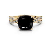Solitaire Engagement Ring Setting for Fancy Black Cushion Cut Center with Narrow Twist Pave Band and Prong Head in Yellow Gold