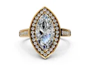 Halo Engagement Ring Setting for Marquise Center with Outer Bezel Rim, Pave Band and Prong Head in Yellow Gold