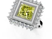 Halo Engagement Ring Setting for Fancy Yellow Princess Cut Center with Milgrain Bezel Rim, Plain Band and Prong Head in Sterling Silver