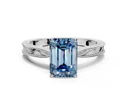 Solitaire Engagement Ring Setting for Fancy Blue Emerald Cut Center with Engraved Milgrain Band and Prong Head in White Gold
