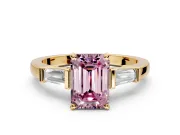 3 Stone Engagement Ring Setting for Fancy Pink Emerald Cut Center with Channel Baguette Accents and Prong Head in Yellow Gold