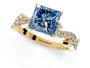 Solitaire Engagement Ring Setting for Fancy Blue Princess Cut Center with Bar-Station Pave Twist and Prong Head in Yellow Gold