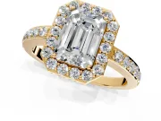 Halo Engagement Ring Setting for Emerald Cut Center with Heart-Shaped Openwork, Pave Band and Prong Head in Yellow Gold
