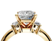 3 Stone Engagement Ring Setting for Princess Cut Center with Wide Plain Band and Prong Head in Yellow Gold