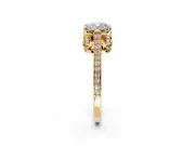 Cathedral Engagement Ring Setting for Cushion Cut Center with Antique-Style Pave Band and Prong Head in Yellow Gold