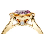 Halo Engagement Ring Setting for Fancy Pink Heart-Shaped Center with Milgrain Pave Band and Bezel Head in Yellow Gold