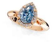 Halo Engagement Ring Setting for Fancy Blue Pear-Shaped Center with Tapered Plain Band and Prong Head in Rose Gold