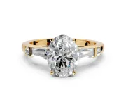 Bar-Set Engagement Ring Setting for Oval Center with Tapered Baguette Accents and Prong Head in Yellow Gold