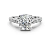 Cathedral Engagement Ring Setting for Radiant Cut Center with Antique-Style Pave Band and Prong Head in Platinum
