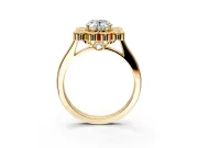 Cluster Halo Engagement Ring Setting for Oval Center with Milgrain Bezel Accents and Prong Head in Yellow Gold