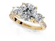 3 Stone Engagement Ring Setting for Round Cut Center with Crossover Basket, Pave Band and Prong Head in Yellow Gold