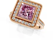 Halo Engagement Ring Setting for Fancy Pink Princess Cut Center with Milgrain Frame, Pave Band and Prong Head in Rose Gold