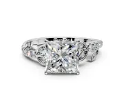Leaf Motif Engagement Ring Setting for Princess Cut Center with Pave Band and Prong Head in Platinum