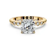 Solitaire Engagement Ring Setting for Cushion Cut Center with Bezel-Dot Beaded Band and Prong Head in Yellow Gold