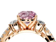 3 Stone Engagement Ring Setting for Fancy Pink Cushion Cut Center with Pave Split Shank and Prong Head in Rose Gold