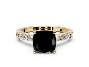 Baguette Engagement Ring Setting for Fancy Black Cushion Cut Center with Alternating Bar-Set Band and Prong Head in Yellow Gold