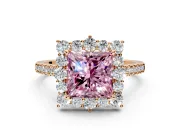 Halo Engagement Ring Setting for Fancy Pink Princess Cut Center with Single-Row Pave, Open Basket and Prong Head in Rose Gold