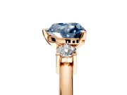3 Stone Engagement Ring Setting for Fancy Blue Heart-Shaped Center with Wide Plain Band and Prong Head in Rose Gold
