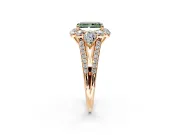 Halo Engagement Ring Setting for Fancy Green Radiant Cut Center with Two-Strand Split Shank and Prong Head in Rose Gold