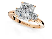3 Stone Engagement Ring Setting for Radiant Cut Center with Wide Plain Band and Prong Head in Rose Gold