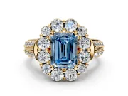 Large Accent Halo Engagement Ring Setting for Fancy Blue Emerald Cut Center with Pave Split Shank and Prong Head in Yellow Gold