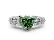 Cluster Engagement Ring Setting for Fancy Green Heart-Shaped Center with 2-Row Shoulder Clusters and Prong Head in White Gold