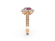 Halo Engagement Ring Setting for Fancy Pink Round Cut Center with Milgrain Channel Band and Prong Head in Rose Gold