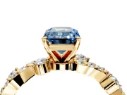 Solitaire Engagement Ring Setting for Fancy Blue Emerald Cut Center with Bar-Station Pave Twist and Prong Head in Yellow Gold