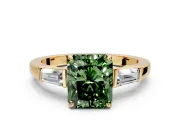 3 Stone Engagement Ring Setting for Fancy Green Radiant Cut Center with Baguette Accents and Prong Head in Yellow Gold