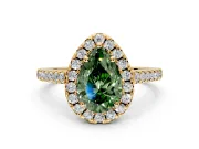 Halo Engagement Ring Setting for Fancy Green Pear-Shaped Center with Raised Halo, Pave Band and Prong Head in Yellow Gold