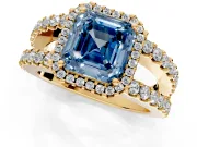 Halo Engagement Ring Setting for Fancy Blue Asscher Cut Center with Wide-Open Pave Split Shank and Prong Head in Yellow Gold