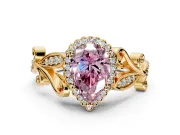 Halo Engagement Ring Setting for Fancy Pink Pear-Shaped Center with Leaf Motif Split Shank and Prong Head in Yellow Gold
