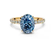 Hidden Halo Engagement Ring Setting for Fancy Blue Oval Center with Pave Band and Prong Head in Yellow Gold