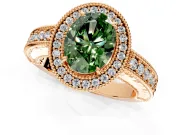 Milgrain Halo Engagement Ring Setting for Fancy Green Oval Center with Pave Band and Prong Head in Rose Gold