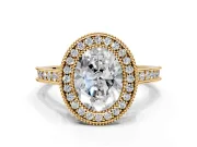 Halo Engagement Ring Setting for Oval Center with Milgrain Pave Band and Bezel Head in Yellow Gold
