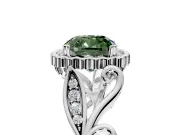 Halo Engagement Ring Setting for Fancy Green Cushion Cut Center with Leaf Motif Split Shank and Prong Head in Sterling Silver