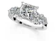Cluster Engagement Ring Setting for Princess Cut Center with 2-Row Shoulder Clusters and Prong Head in White Gold