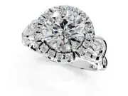 Halo Engagement Ring Setting for Round Cut Center with Open Scroll Shoulders and Prong Head in Platinum