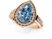 Halo Engagement Ring Setting for Fancy Blue Pear-Shaped Center with Outer Bezel Rim, Pave Band and Prong Head in Rose Gold