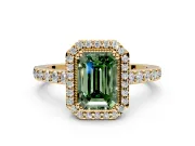 Halo Engagement Ring Setting for Fancy Green Emerald Cut Center with Inner Milgrain Border and Prong Head in Yellow Gold