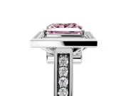 Halo Engagement Ring Setting for Fancy Pink Princess Cut Center with Outer Bezel Rim, Pave Band and Prong Head in White Gold